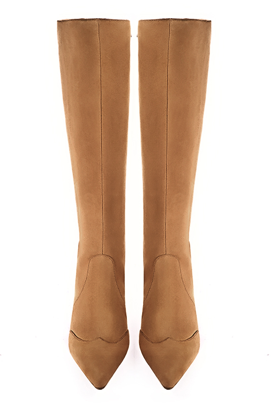 Camel beige women's feminine knee-high boots. Pointed toe. Medium block heels. Made to measure. Top view - Florence KOOIJMAN